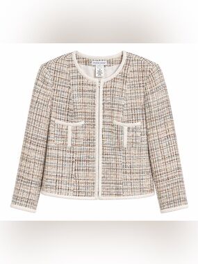 Irvine Park Silk Tweed Jacket Size 14 - Chanel Style Zip Blazer - Cream Brown Bl